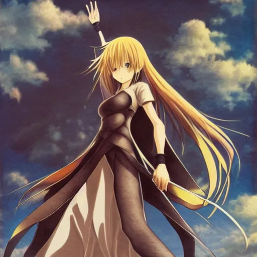 Image similar to marisa kirisame standing on a cloud, anime art