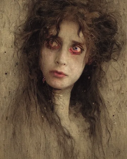 Prompt: a handsome but creepy woman in layers of fear, with haunted eyes and wild hair, 1 9 7 0 s, seventies, wallpaper, a little blood, moonlight showing injuries, delicate embellishments, painterly, offset printing technique, by jules bastien - lepage