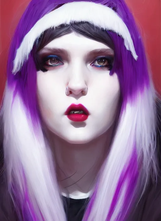 Image similar to portrait of white teenage girl, normal face, white bangs, mall goth, cyberlox, black and white hair, bangs, fluffy bangs, red contact lenses, purple lipstick, intricate, elegant, highly detailed, digital painting, artstation, concept art, sharp focus, smooth, illustration, art by wlop, mars ravelo and greg rutkowski