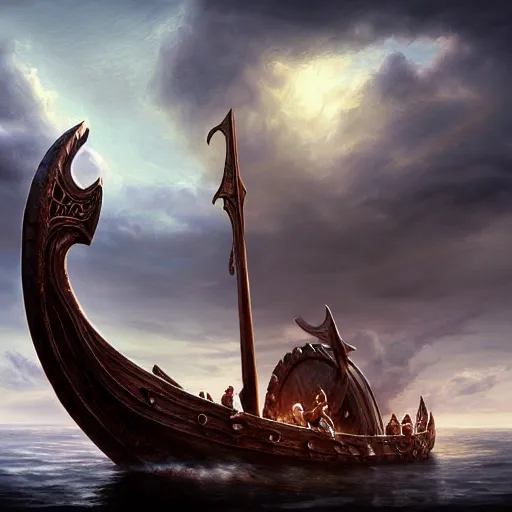 Image similar to viking ship, centered in picture, daytime, epic fantasy, detailed, intricate, digital painting, concept art, realistic, smooth, focus, rim light