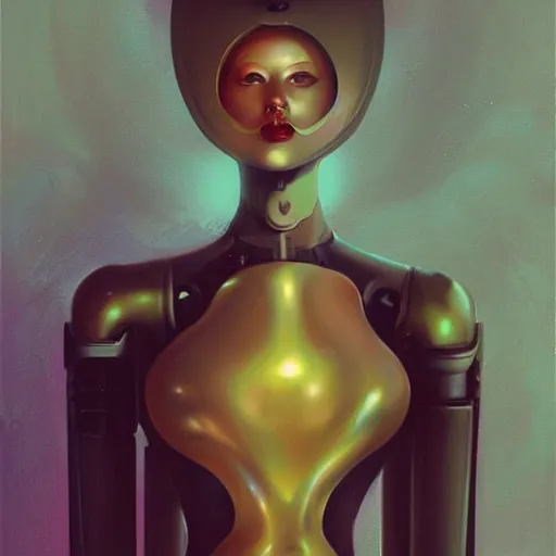 Prompt: a beautiful female robot, elegant pose, melting, by Anato Finnstark, Tom Bagshaw, Brom