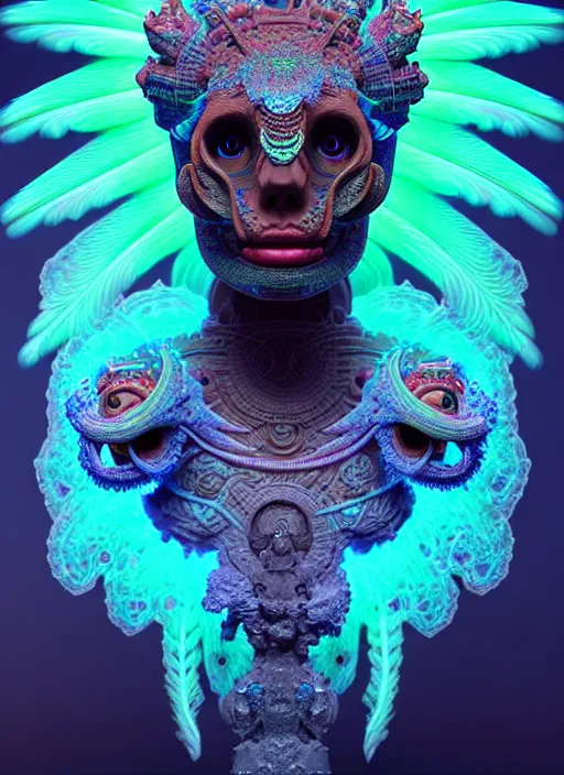 Prompt: 3 d goddess portrait, micro details global illumiantion beautiful intricate highly detailed quetzalcoatl skull and feathers. bioluminescent, plasma, lava, ice, water, wind, creature, thunderstorm! artwork by tooth wu and wlop and beeple and greg rutkowski, 8 k trending on artstation,