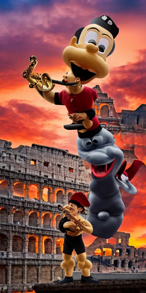 Image similar to angry saxophonist with saxophone and flute wearing popeye the sailor costume carving a larger than life statue of himself, hyper realistic, 8 k resolution, roman amphitheater and skyline of ancient rome is burning in the background, red skies, smoke billows over the horizon, hell, complete pandemonium