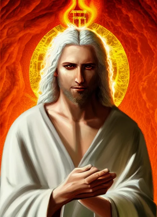Image similar to « portrait of the white - haired jesus in a white robe and flaming yellow eyes, holding seven stars in right hand, high - contrast, intricate, elegant, highly detailed, bible illustration, digital painting, artstation, concept art, smooth, sharp focus, illustration »