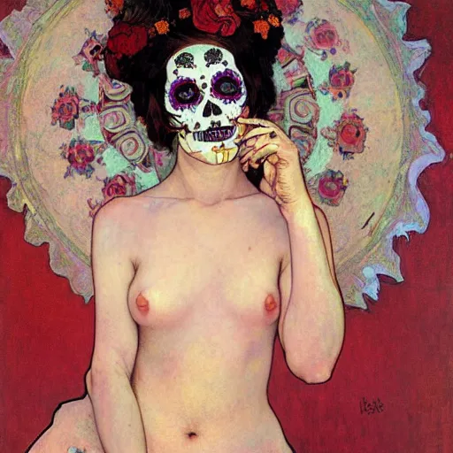 Image similar to realistic detailed painting of a cute punk Día de los Muertos girl by Henri de Toulouse-Lautrec Alphonse Mucha Egon Schiele Ayami Kojima Amano Charlie Bowater, masterpiece