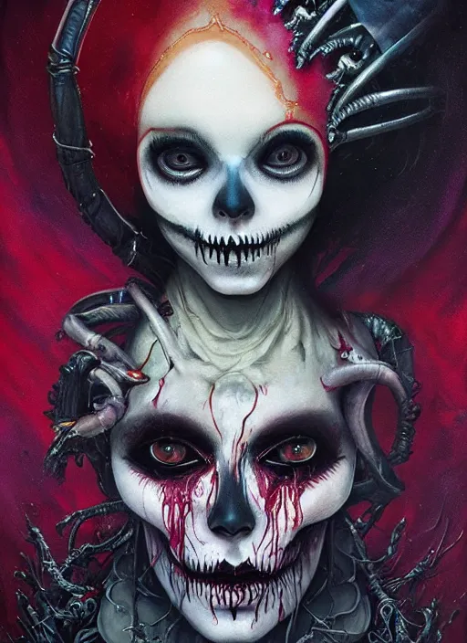 Image similar to queen of hearts, alien, skull, highly detailed, cinematic, 8 k, by megan duncanson, benjamin lacombe, adrian borda, stanley artgermm, tom bagshaw, craig mullins, carne griffiths, ayami kojima, beksinski, giger, trending on deviantart, hyper detailed, horror, full of colour