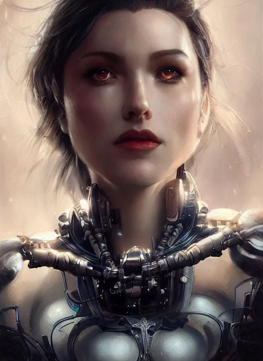 Image similar to a beautiful woman with cybernetic muscles, painted by artgerm and tom bagshaw, fantasy art, dramatic lighting, highly detailed oil painting