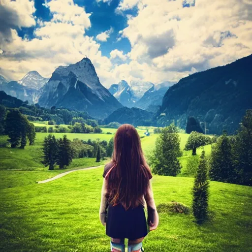 Image similar to a beautiful photograph of a girl with switzerland landscape in the background with trees, hdr, 8 k, high quality, sharp focus, artstation, highly detailed, award - winning, dramatic lighting, beautiful clouds, and nature