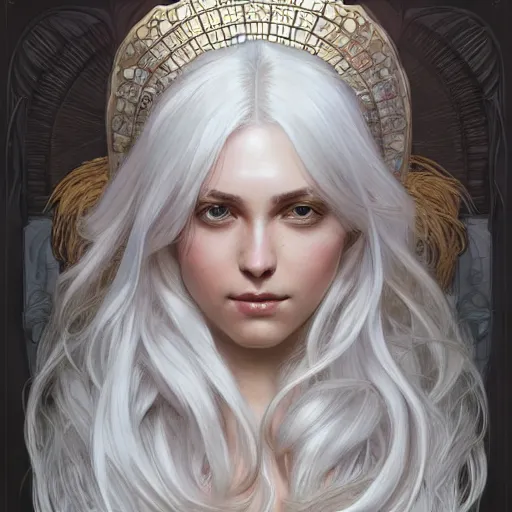 Image similar to god and goddess, white hair, long hair, gorgeous, amazing, elegant, intricate, highly detailed, digital painting, artstation, concept art, sharp focus, illustration, art by artgerm and greg rutkowski and alphonse mucha