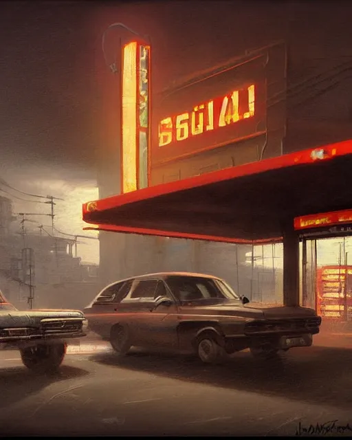 Image similar to a highly detailed epic cinematic concept art CG render digital painting artwork: Soviet gas station, night. By Greg Rutkowski, in the style of Francis Bacon and Syd Mead and Norman Rockwell and Beksinski, open ceiling, highly detailed, painted by Francis Bacon and Edward Hopper, painted by James Gilleard, surrealism, airbrush, Ilya Kuvshinov, WLOP, Stanley Artgerm, very coherent, triadic color scheme, art by Takato Yamamoto and James Jean