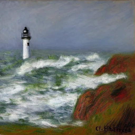 Prompt: painting in the style of claude monet of light house on the coast of brittany on a very stormy day