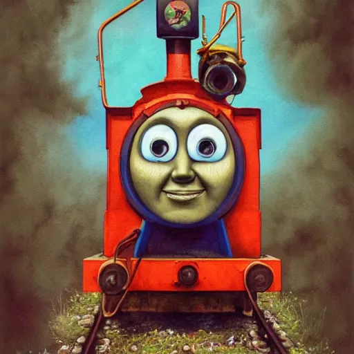 Prompt: watercolor cartoon grunge portrait of gay Thomas the tank engine. intricate abstract, make-up, intricate artwork. Joy, Happiness, drag, by zdzisław Beksiński, wlop, dan mumford , trending on artstation, Greg rutkowski very coherent symmetrical artwork. cinematic, hyper realism, high detail, octane render, 8k