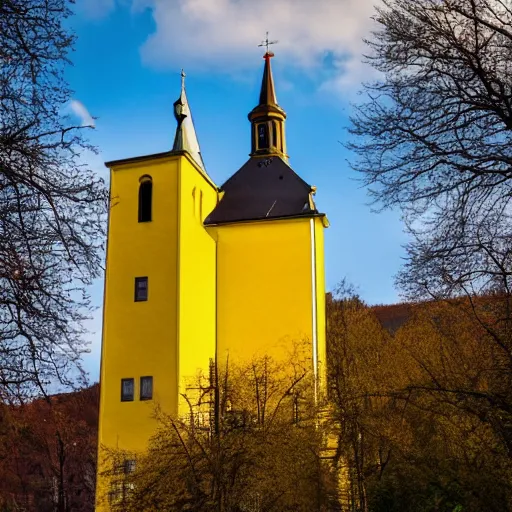 Prompt: a large yellow building with a steeple on top of it, up a hill, a picture by werner andermatt, shutterstock contest winner, heidelberg school, wimmelbilder, hdr, sabattier filter
