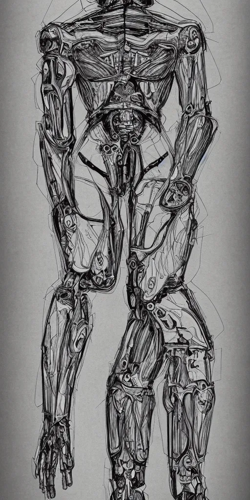 Prompt: half human half organic robot anatomy sketch by Leonardo da Vinci, sketchbook, symmetrical, iphone wallpaper
