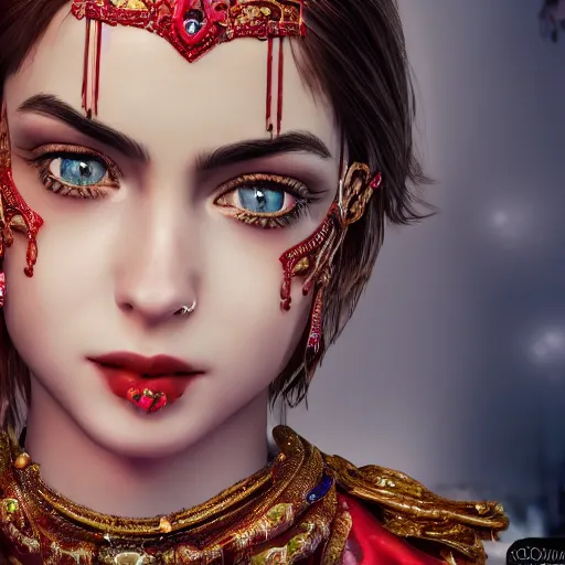 Image similar to photograph of wonderful princess with smooth fair skin, alluring eyes, red jewelry, breathtaking, elegant, ornate, intricate, hyper detailed, accent lighting, dramatic light, 4 k octane render