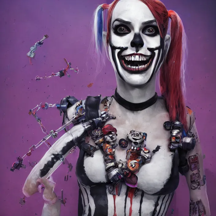 Image similar to portrait of Harley Quinn as a skeleton. intricate abstract. intricate artwork. nightmare fuel. by Tooth Wu, wlop, beeple, dan mumford. octane render, trending on artstation, greg rutkowski very coherent symmetrical artwork. cinematic, hyper realism, high detail, octane render, 8k, iridescent accents