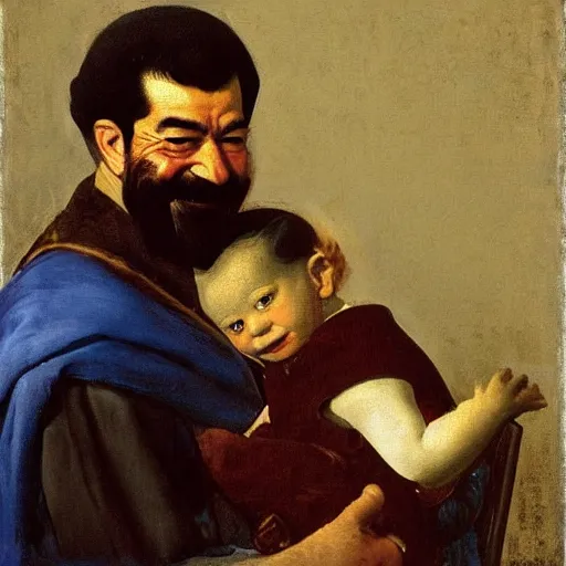 Image similar to A portrait of Saddam Hussein smiling and holding a baby gently in his arms by Johannes Vermeer