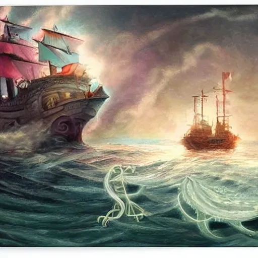 Image similar to mystical ship with kraken pulling it underwater, beautiful composition, wide angle, colorful, cinematic, volumetric lighting, intricate details painting