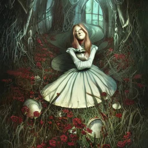 Image similar to Alice in Wonderland, painted by seb mckinnon, high detail, digital art, trending on artstation