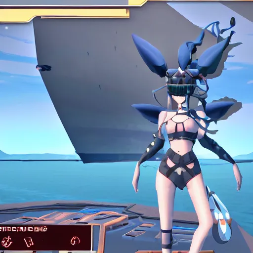 Prompt: Northern Princess the Abyssal Aviation Battleship (Installation) from Kantai Collection in vrchat. Cute screenshot from a public lobby.