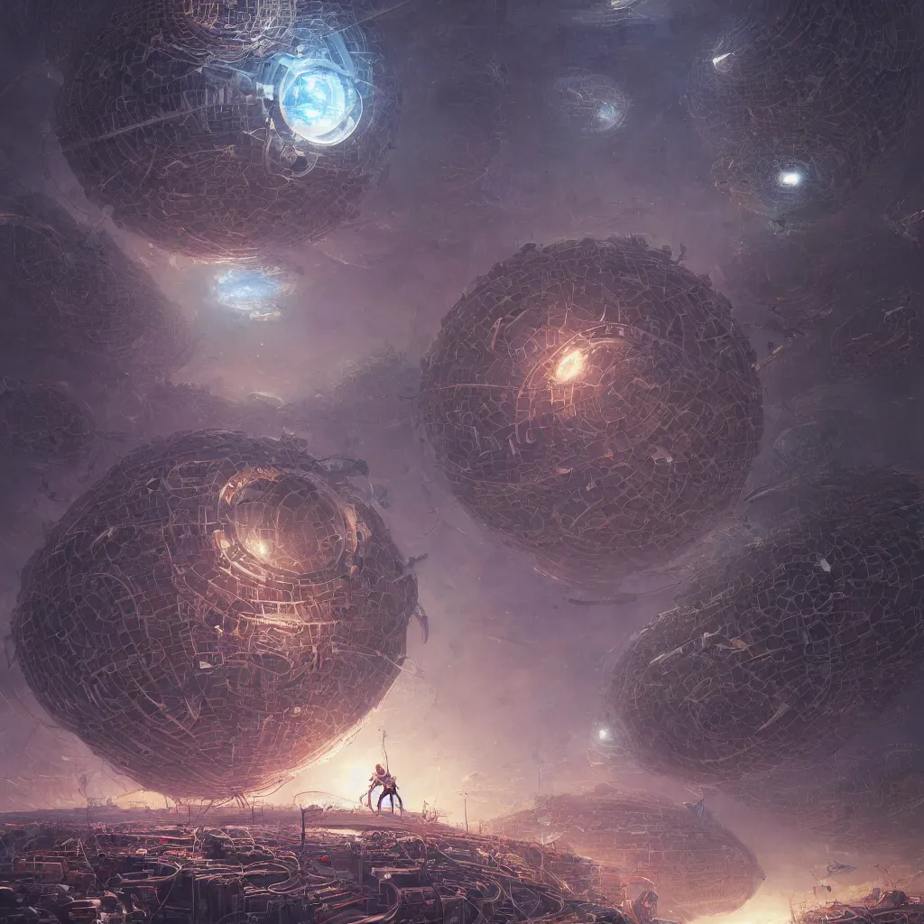 Image similar to extremely beautiful high detailed long portrait of dyson sphere program, by greg rutkowski, by rhads, by jesper ejsing, so many wires, sharp focus, man standing, colony, atom, crowd, city, cuber punk, ant colony