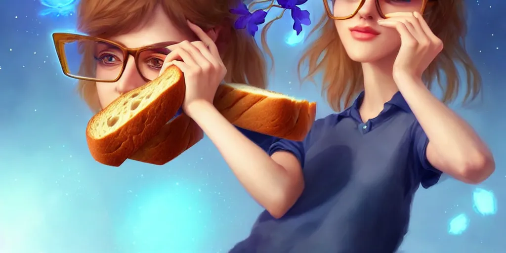 Prompt: epic professional digital art of a bread toast!!! wearing 👓!!!! and a blue flower!!!!, best on artstation, cgsociety, wlop, cosmic, epic, stunning, much detail, much wow, masterpiece, backlight