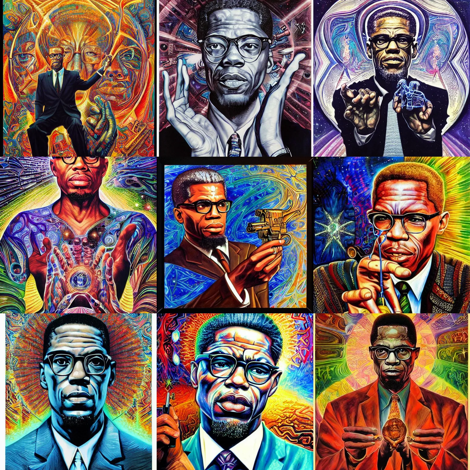 Prompt: Malcolm x holding an uzi painting by android jones in the style of cosmic christ by alex grey
