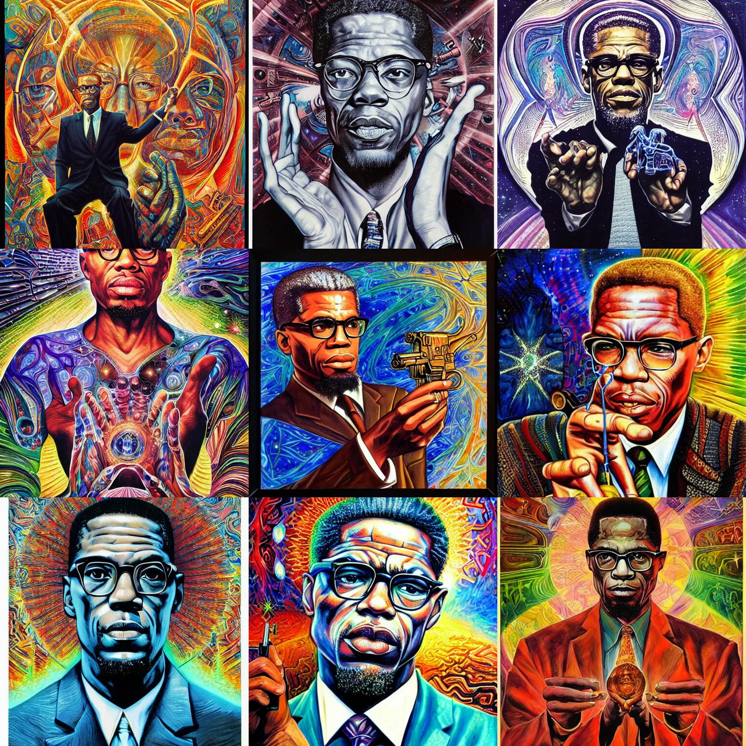 Image similar to Malcolm x holding an uzi painting by android jones in the style of cosmic christ by alex grey