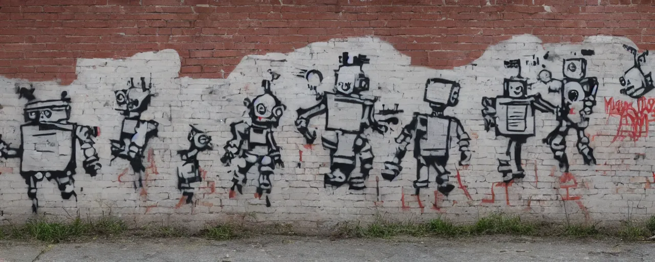 Prompt: a brick wall with banksy style graffity showing march of robots, hyperrealistic, 8k, trending on twitter