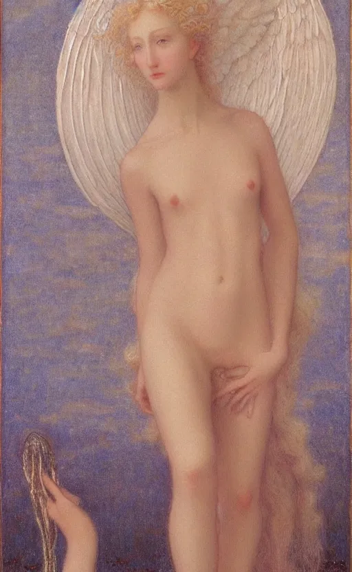 Prompt: Say who is this with silver hair so pale and Wan! and thin? beautiful lone single feminine!! angel, Venus Aphrodite, in the style of Jean Delville, Lucien Lévy-Dhurmer, Fernand Keller, Fernand Khnopff, oil on canvas, 1896, 4K resolution, aesthetic, mystery