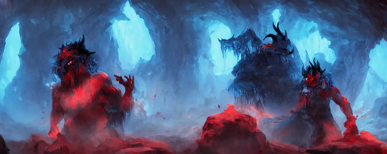Prompt: Japanese demon oni in a blue cave , red ligth, by Greg Rutkowski , 8k, photorealistic, cinematic lighting, HD, high details, dramatic, atmospheric , trending on artstation