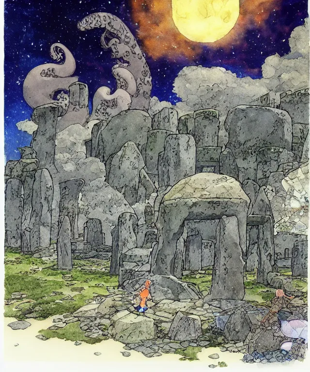 Image similar to a hyperrealist studio ghibli watercolor fantasy concept art. in the foreground is a giant grey octopus building and putting stones in to place on top of stonehenge with a starry sky. by rebecca guay, michael kaluta, charles vess