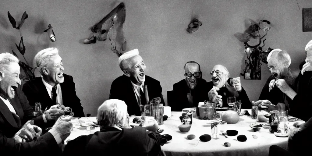 Image similar to film still of old men laughing!!!! sitting at a round table eating living frogs, directed by david lynch and federico fellini, backlighting