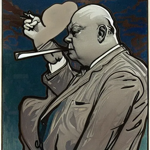 Prompt: alphonse mucha portrait of Winston Churchill as the God of War, smoking a cigar, detailed, stylized, realistic, deep hues, cool tones, dark, strong