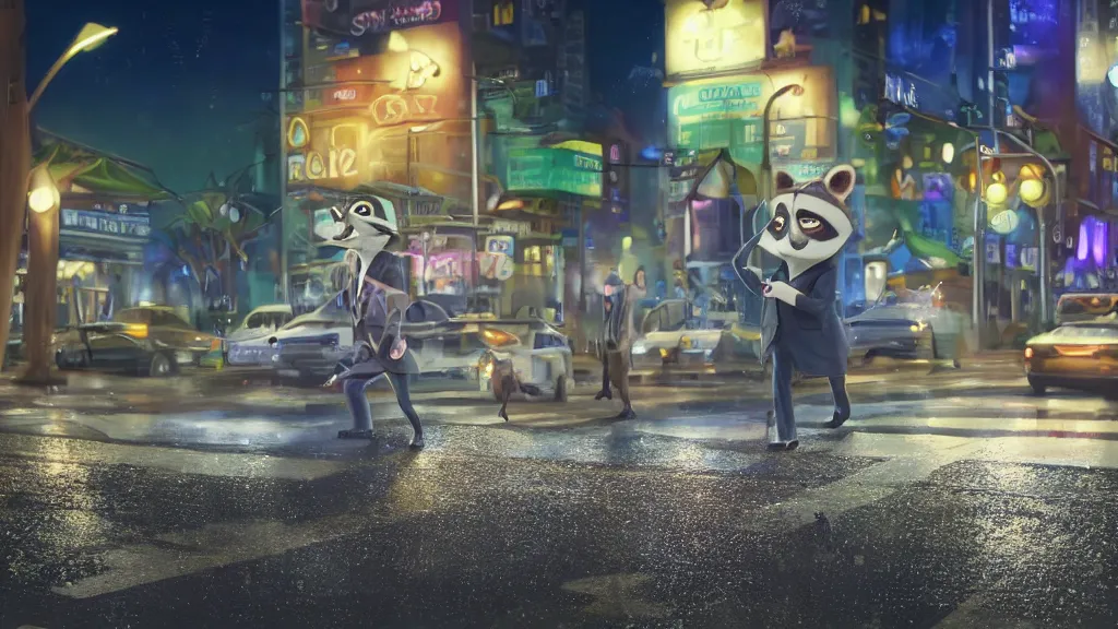 Image similar to A cute anthropomorphic raccoon businessman is walking down a busy crosswalk at in the rain at night, cold lighting with an blue glow coating the cityscape from the city lights, zootopia, other anthropomorphic characters are walking by him, extremely detailed, HDR, sideview, solemn and moody, many cars and animal people in the background, detailed face and eyes, large eyes with visible pupils, the road is wet with many rain puddles, reflections from the water on the ground, he is carrying a black briefcase, depressing feelings, sadness, expressive face