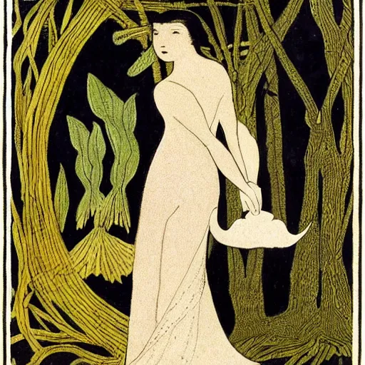 Image similar to Performance art. a woman is shown from behind, her body slightly blurred as if in motion. Her long hair cascades down her back, and she is holding a small bird in her hand. tonalism by Virginia Frances Sterrett earthy