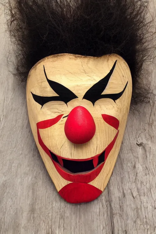 Prompt: wooden clown mask with fangs