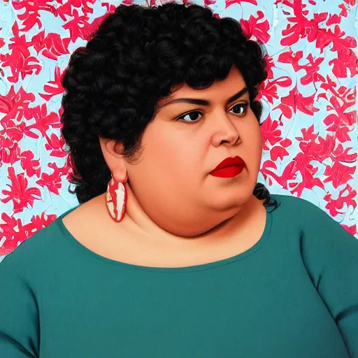 Prompt: close up portrait of a middle - aged, chubby mexican woman in profile, red lips, white background, dynamic, ultra detailed, 4 k, illustration, by kehinde wiley, kadir nelson, john william waterhouse