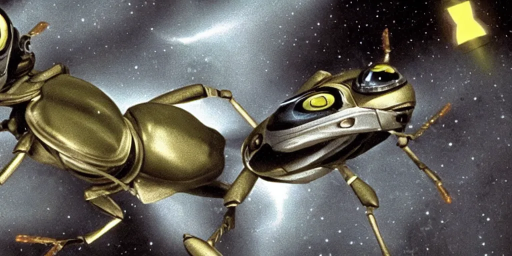 Image similar to lightning bug descendant 1 million in the future is a quadruped with big eyes. the bug wears a spacesuit, and explores the cosmos in a bug - shaped spaceship. science fiction blockbuster movie bugs save the planet or the love bug from saturn, starship troopers ( 1 9 9 7 ), up ( 2 0 0 9 )