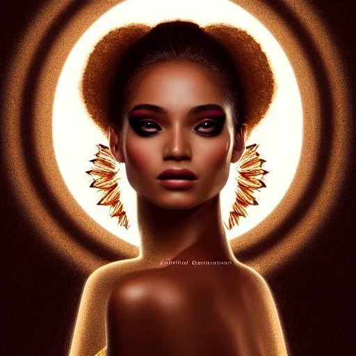 Prompt: modern portrait of fairy goddess, zoom, rule of thirds, atmosphere, intricate, regal, latinas, ( brown skin ), symmetrical!!, loreal, maybelline, sephora, loreal, artstation, art by gonzalo ordonez arias, moody, ( ( cinematic ) ) concept art, filmic, vsco