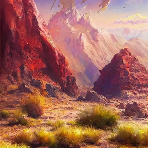 Prompt: crimson, poloroid rich details by sergey musin. this painting is simply stunning. it is a beautiful landscape painting of a desert scene, with mountains in the background & a bright sky. the colors are so vibrant & the detail is amazing. it is a truly beautiful painting.