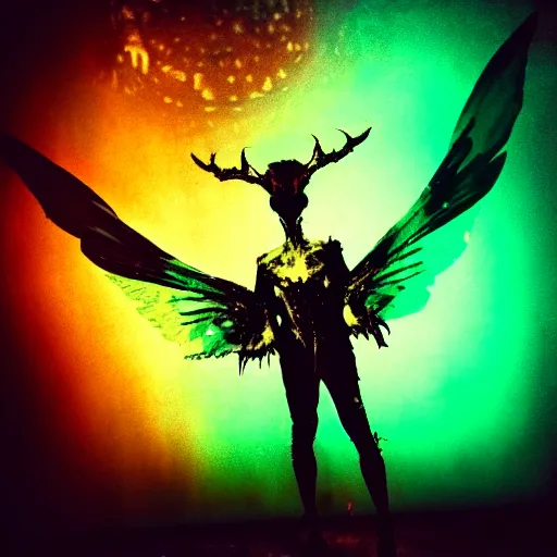 Image similar to a dark artistic photo of an alien creature with crazy wings, a polaroid photo, bleeding decaying colors!