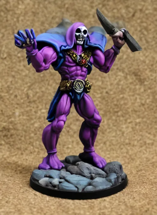 Image similar to Skeletor, Professionally Painted tabletop miniature, tabletop gaming, warhammer, 40k, D&D, Dungeons and Dragons, Reaper Miniatures, Games Workshop, professional photography, product photography, official media