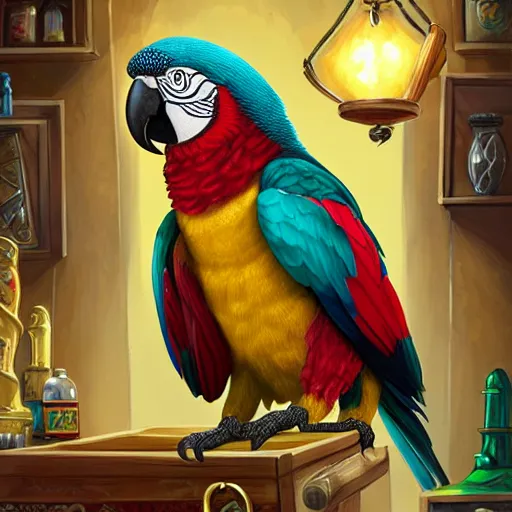 Prompt: Anthropomorphized parrot trader in his shop, selling his wares, portrait, items, weapons, magic potions, carpet, window, fancy hat, sly expression , cunning expression, cute expression, long thick shiny gold beak, presenting wares, holding a gold bag, D&D, fantasy, cinematic lighting, highly detailed, digital painting, artstation, concept art, smooth, sharp focus, illustration, warm light, cozy warm tint, magic the gathering artwork, volumetric lighting, 8k, art by Akihiko Yoshida, Greg Rutkowski