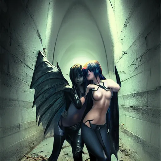 Prompt: a school boy and intimidating by a succubus in a leather suit leaning on a cracked brick wall, devil wings, long hallway, seductivelight at the end of the tunnel, volumetric lighting, concept art, detailed, dramatic lighting, by wlop, artgerm