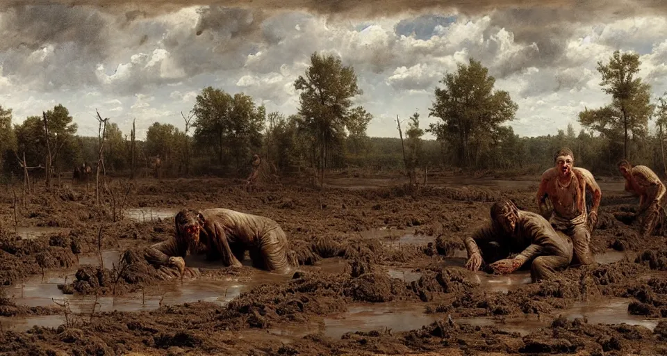 Prompt: an arkansas man trapped in a mud pit, horror painting, highly detailed, sharp focus, matte painting, by isaac levitan and asher brown durand,