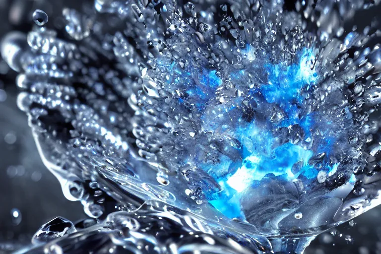 Prompt: slow motion mercury splashes over a crystal surface, fractal crystals, wet shiny surfaces, mathematical fluid dynamics, artstation, HD render 4k