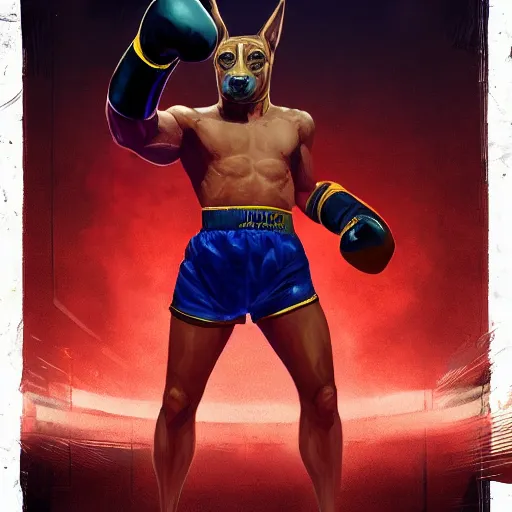 Image similar to anubis as a boxer ready to take on the world champ, boxing ring, strong spotlights, 4 k, trending on artstation, sharp focus, concept art, extremely detailed, intricate, sakimichan, artgerm, greg rutkowski