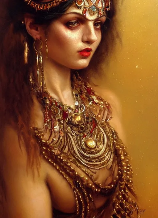 Prompt: highly detailed oil painting | very intricate | cinematic lighting | very detailed cute face | tribalfusion bellydancer fully dressed by alexander mcqueen | by roberto ferri, by tom bagshaw, by singer sargent and klimt, american romanticism, occult art | by austin osman spare, artstation, cgsociety, official art, octane