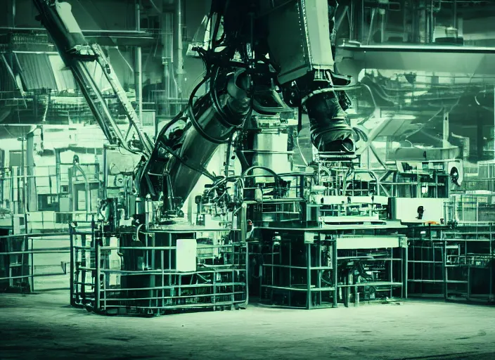 Prompt: close up of an huge machine standing alone in a factory, green ambient light, light fog, creepy, cinematic still, 4k